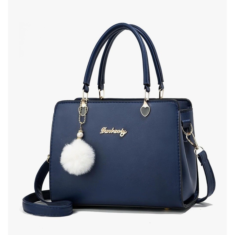 Navy Blue PU Leather Satchel Crossbody Bag Heart‎ Hardware Pom Pom Charm